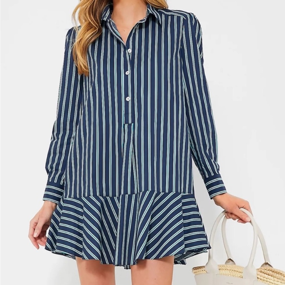 Tuckernuck Lagoon Stripe Callahan Shirt Mini Flounce Dress Navy Green Size Large